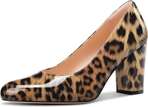 Castamere Womens High Chunky Block Heel Round Toe Pumps Slip-on Prom Dress Patent Leather 3.2 Inches Heels