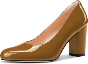 Castamere Womens High Chunky Block Heel Round Toe Pumps Slip-on Prom Dress Patent Leather 3.2 Inches Heels