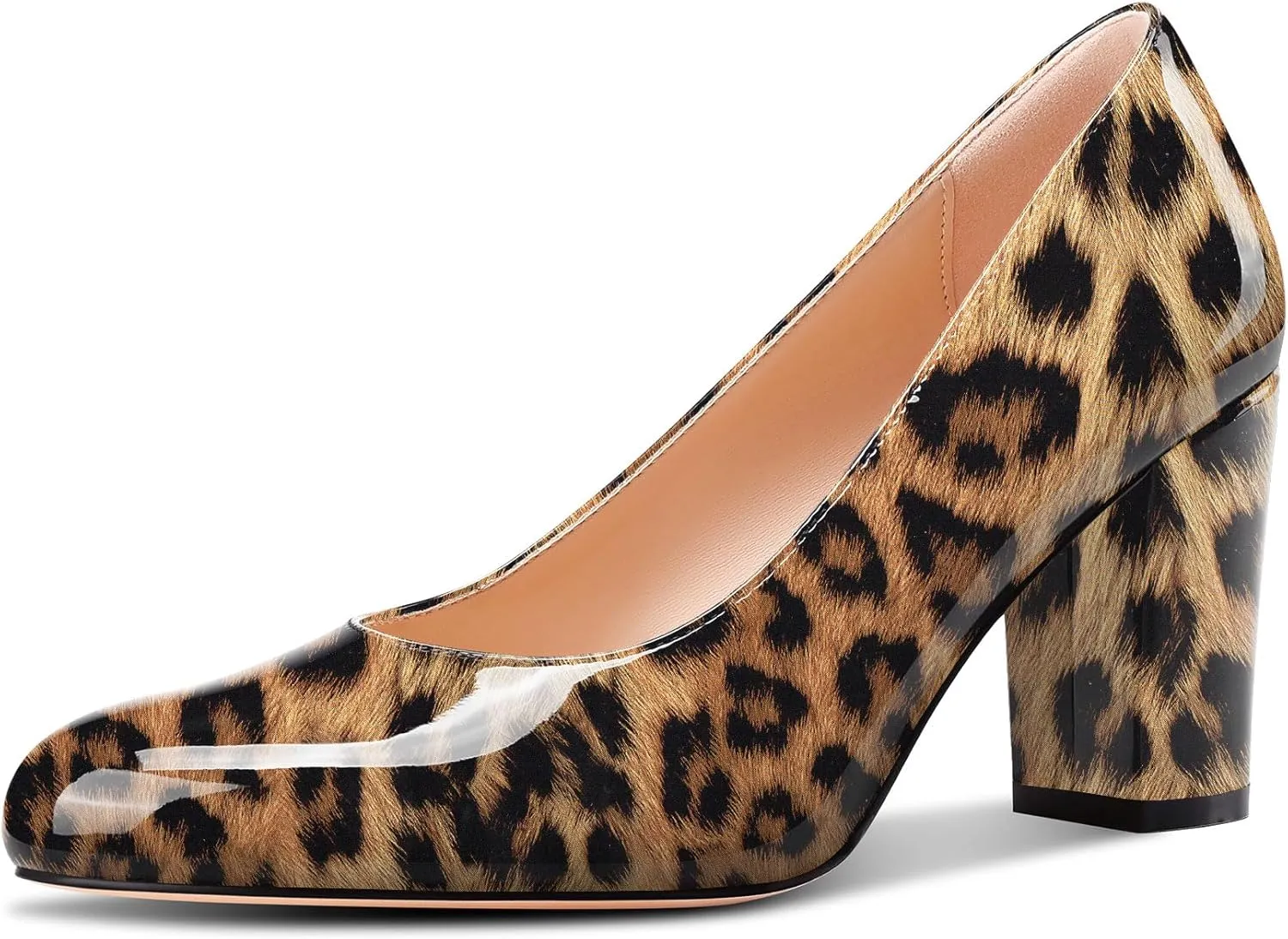 Castamere Womens High Chunky Block Heel Round Toe Pumps Slip-on Prom Dress Patent Leather 3.2 Inches Heels