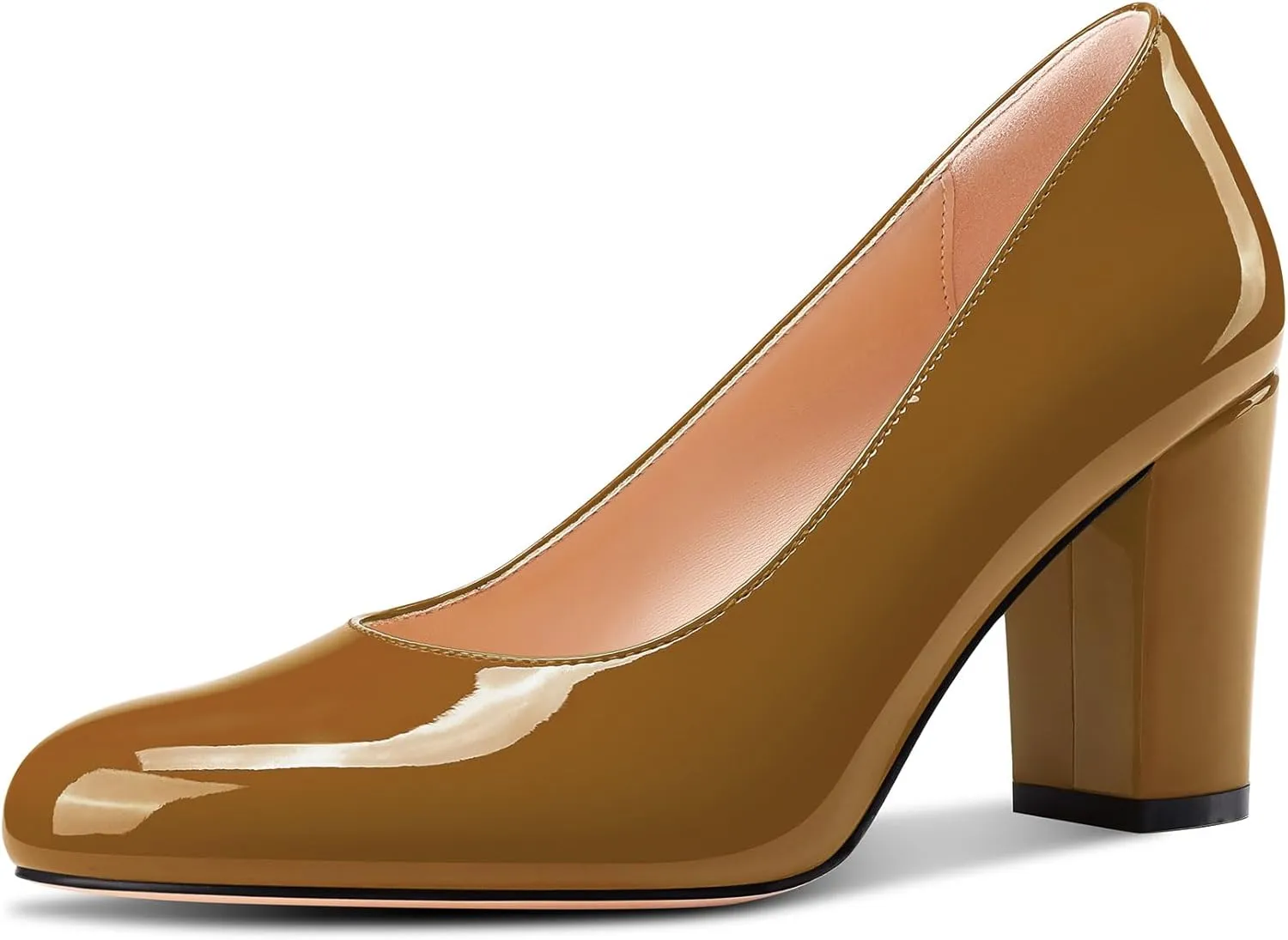 Castamere Womens High Chunky Block Heel Round Toe Pumps Slip-on Prom Dress Patent Leather 3.2 Inches Heels