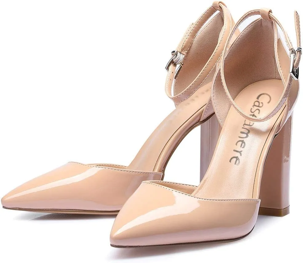Castamere Womens High Heels Chunky Block Heel Sandals Pointed Toe Ankle Strap Pumps 10CM