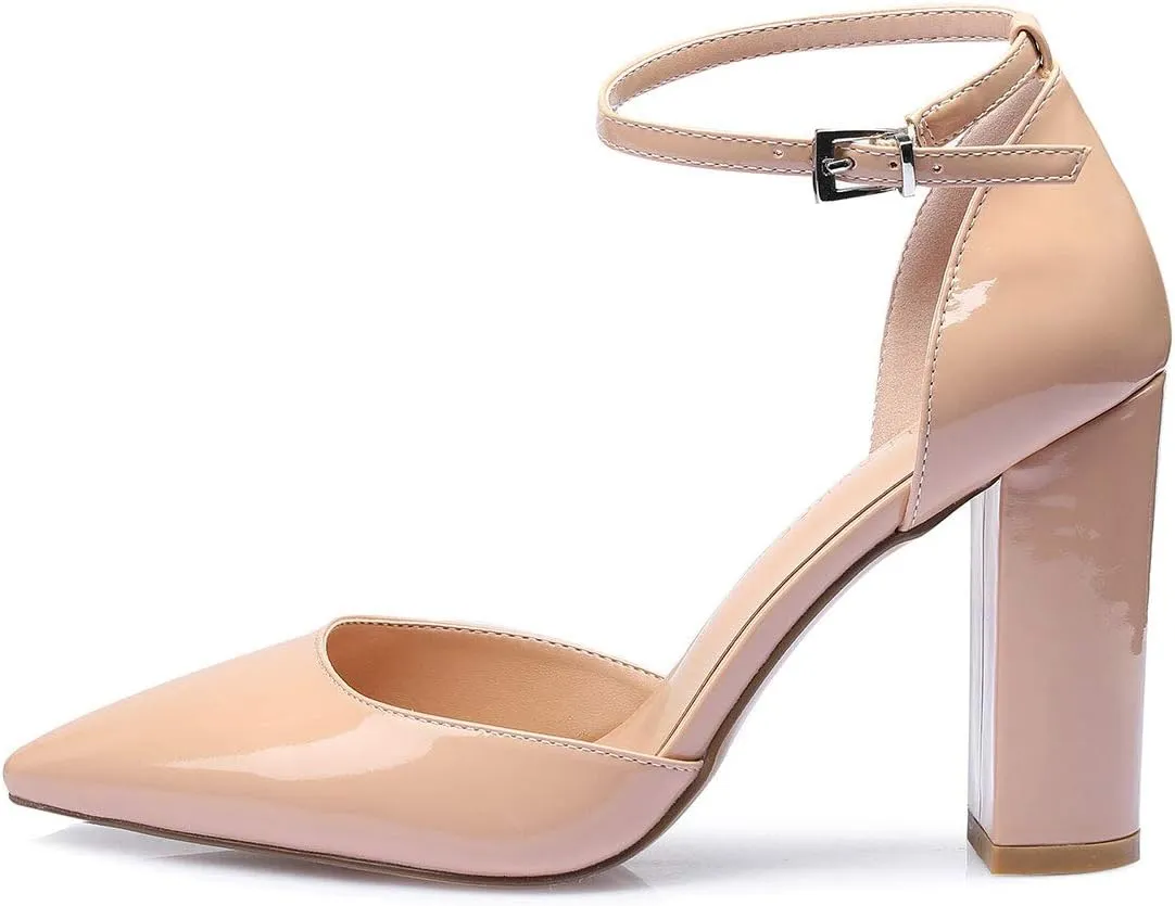 Castamere Womens High Heels Chunky Block Heel Sandals Pointed Toe Ankle Strap Pumps 10CM