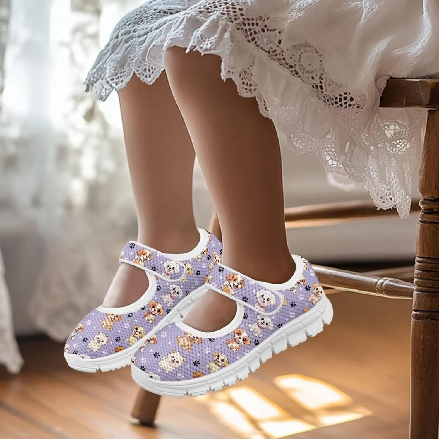 chaqlin Dog Girls Dress Shoes Mary Jane Running Athletic Shoes Lightweight Barefoot Flat Breathable Mesh for Outdoor Indoor