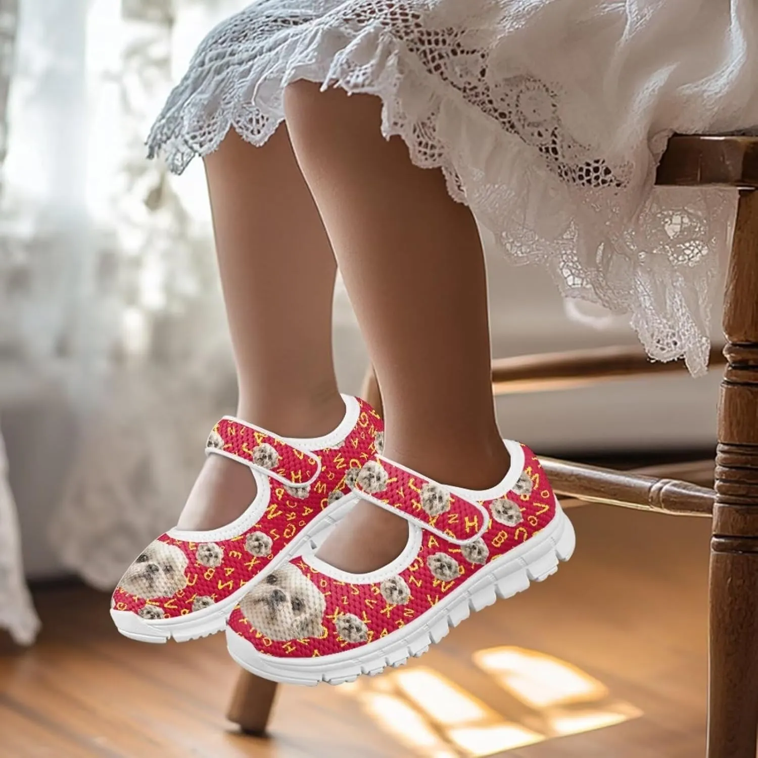 chaqlin Dog Girls Dress Shoes Mary Jane Running Athletic Shoes Lightweight Barefoot Flat Breathable Mesh for Outdoor Indoor
