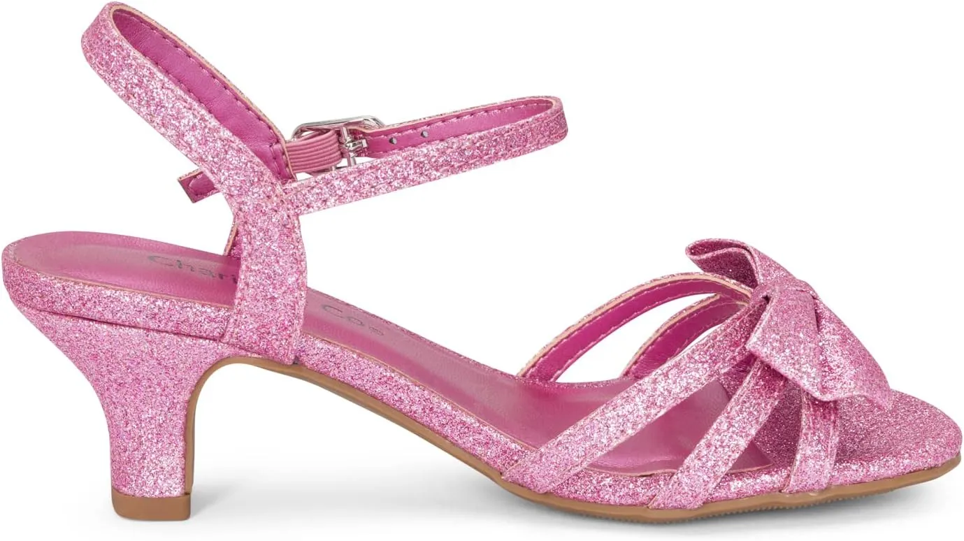 Chariot & Co - Time-IIS - Girls/Kids/Childrens Open Toe Bow Ankle Sling Back Glitter 2" Kitten Block Heel Sandal Pumps