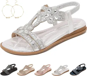 Chic Floral Rhinestone Flat Sandals, Women's T-Strap Beaded Flower Rhinestone flat sandals, flat Sandal With Rhinestones for Women, Women's Wide Width Comfort Walking Beach Shoes