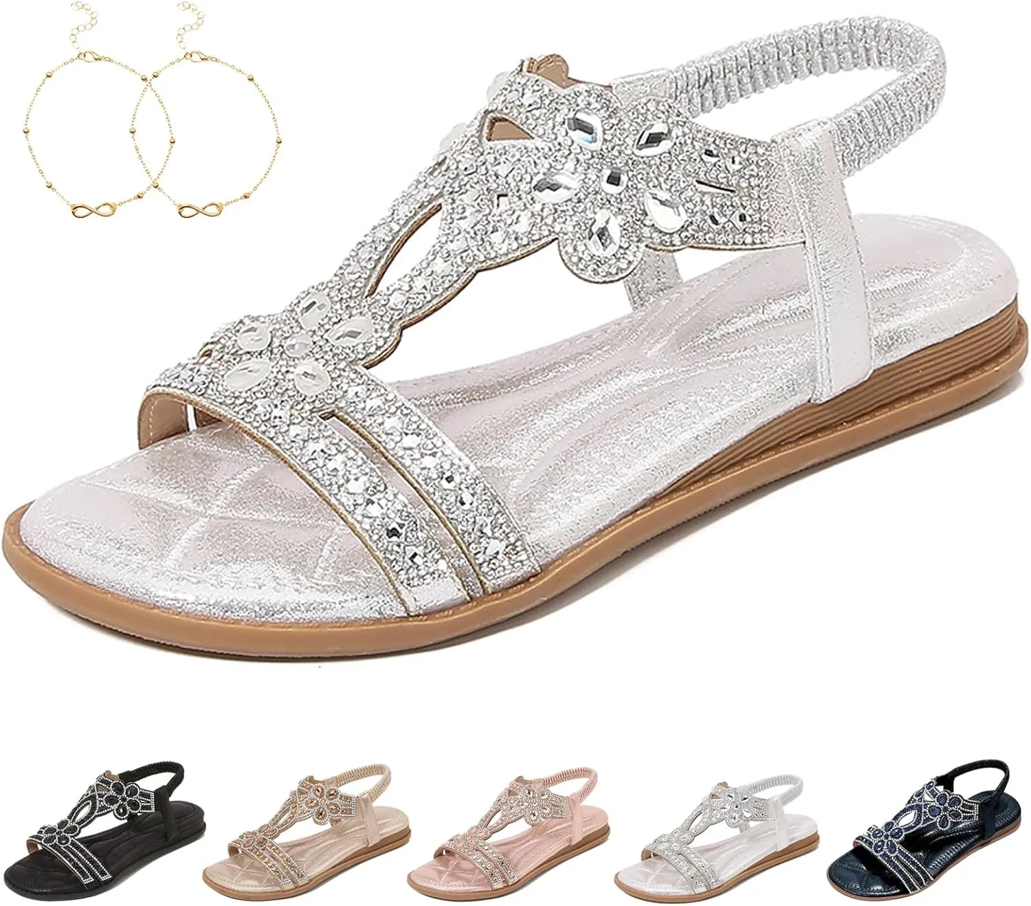 Chic Floral Rhinestone Flat Sandals, Women's T-Strap Beaded Flower Rhinestone flat sandals, flat Sandal With Rhinestones for Women, Women's Wide Width Comfort Walking Beach Shoes