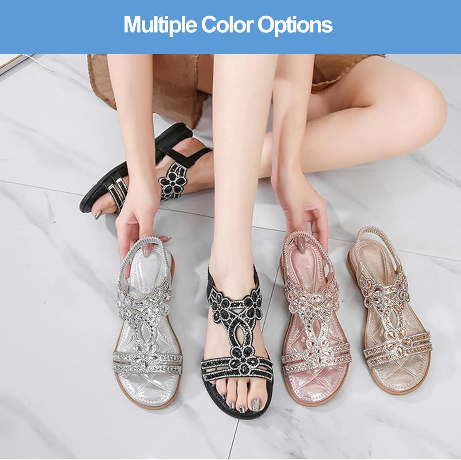 Chic Floral Rhinestone Flat Sandals, Women's T-Strap Beaded Flower Rhinestone flat sandals, flat Sandal With Rhinestones for Women, Women's Wide Width Comfort Walking Beach Shoes