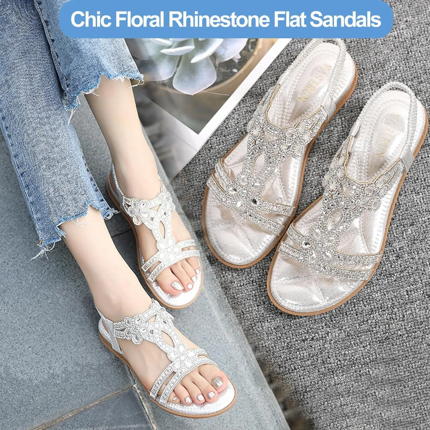 Chic Floral Rhinestone Flat Sandals, Women's T-Strap Beaded Flower Rhinestone flat sandals, flat Sandal With Rhinestones for Women, Women's Wide Width Comfort Walking Beach Shoes