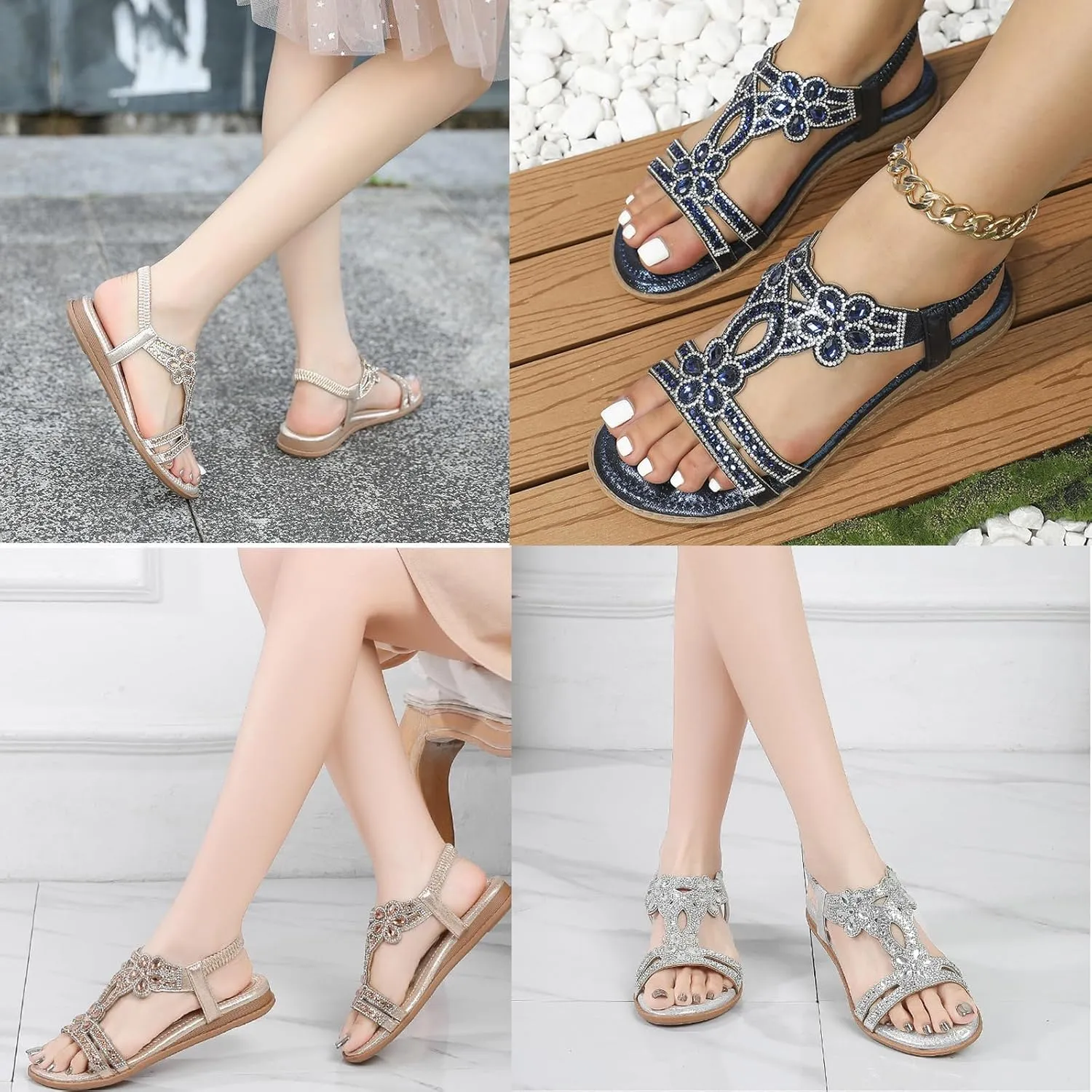 Chic Floral Rhinestone Flat Sandals, Women's T-Strap Beaded Flower Rhinestone flat sandals, flat Sandal With Rhinestones for Women, Women's Wide Width Comfort Walking Beach Shoes