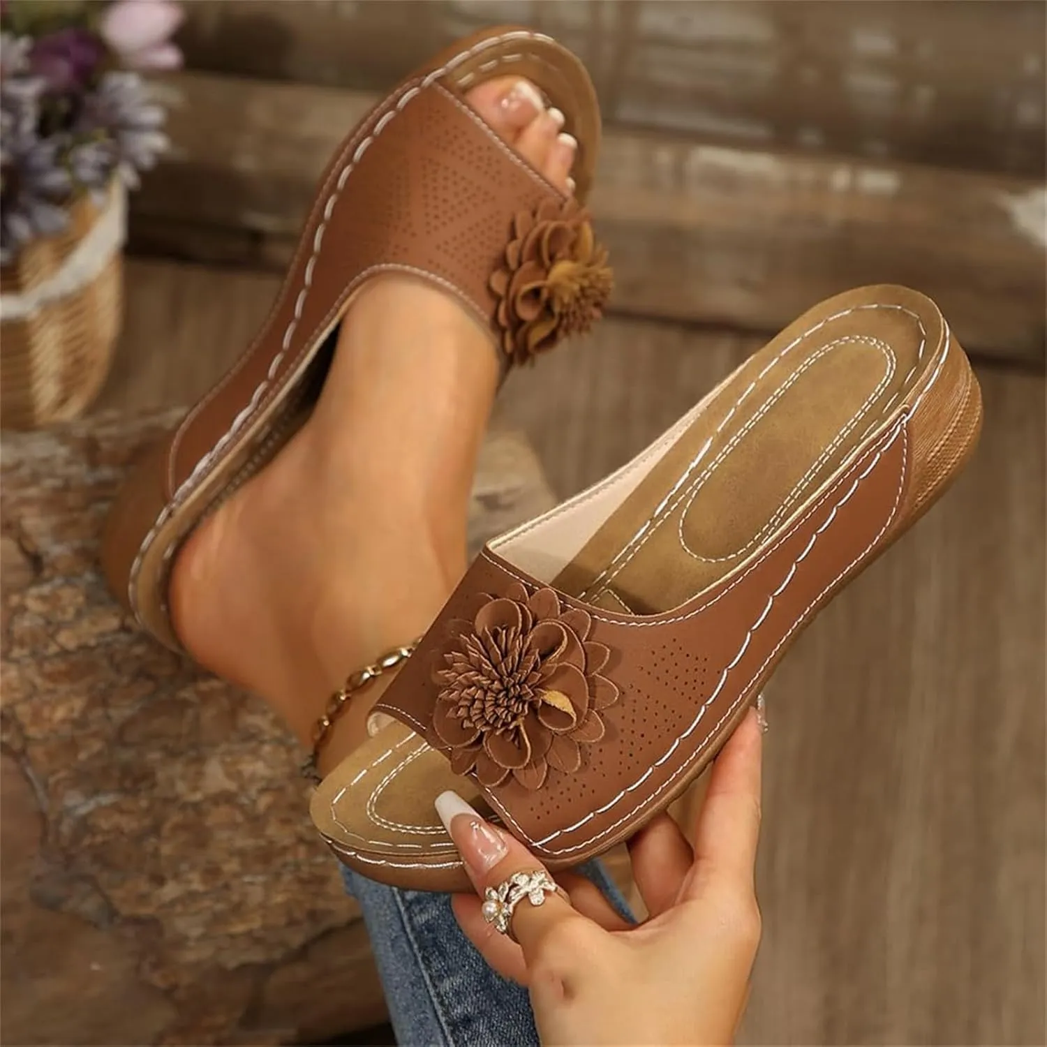Chic Flowers Orthopedic Sandals for Women Arch Support Fish Mouth Open Toe Leather Slippers Wedge Platform Sandal