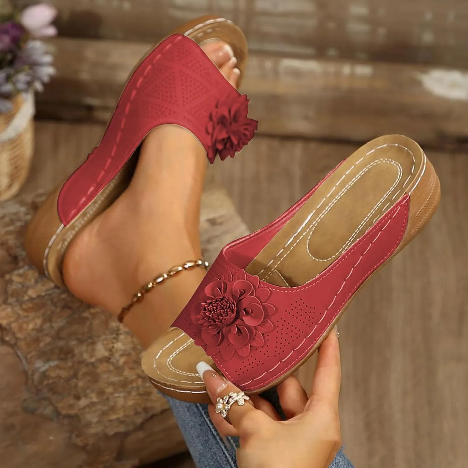 Chic Flowers Orthopedic Sandals for Women Arch Support Fish Mouth Open Toe Leather Slippers Wedge Platform Sandal