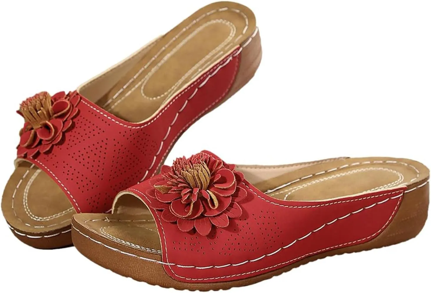 Chic Flowers Orthopedic Sandals for Women Arch Support Fish Mouth Open Toe Leather Slippers Wedge Platform Sandal