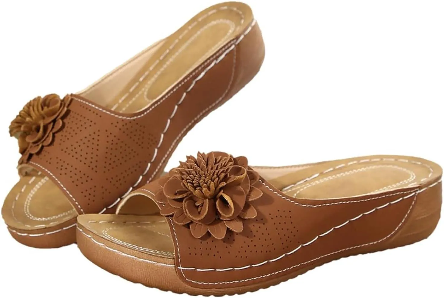 Chic Flowers Orthopedic Sandals for Women Arch Support Fish Mouth Open Toe Leather Slippers Wedge Platform Sandal