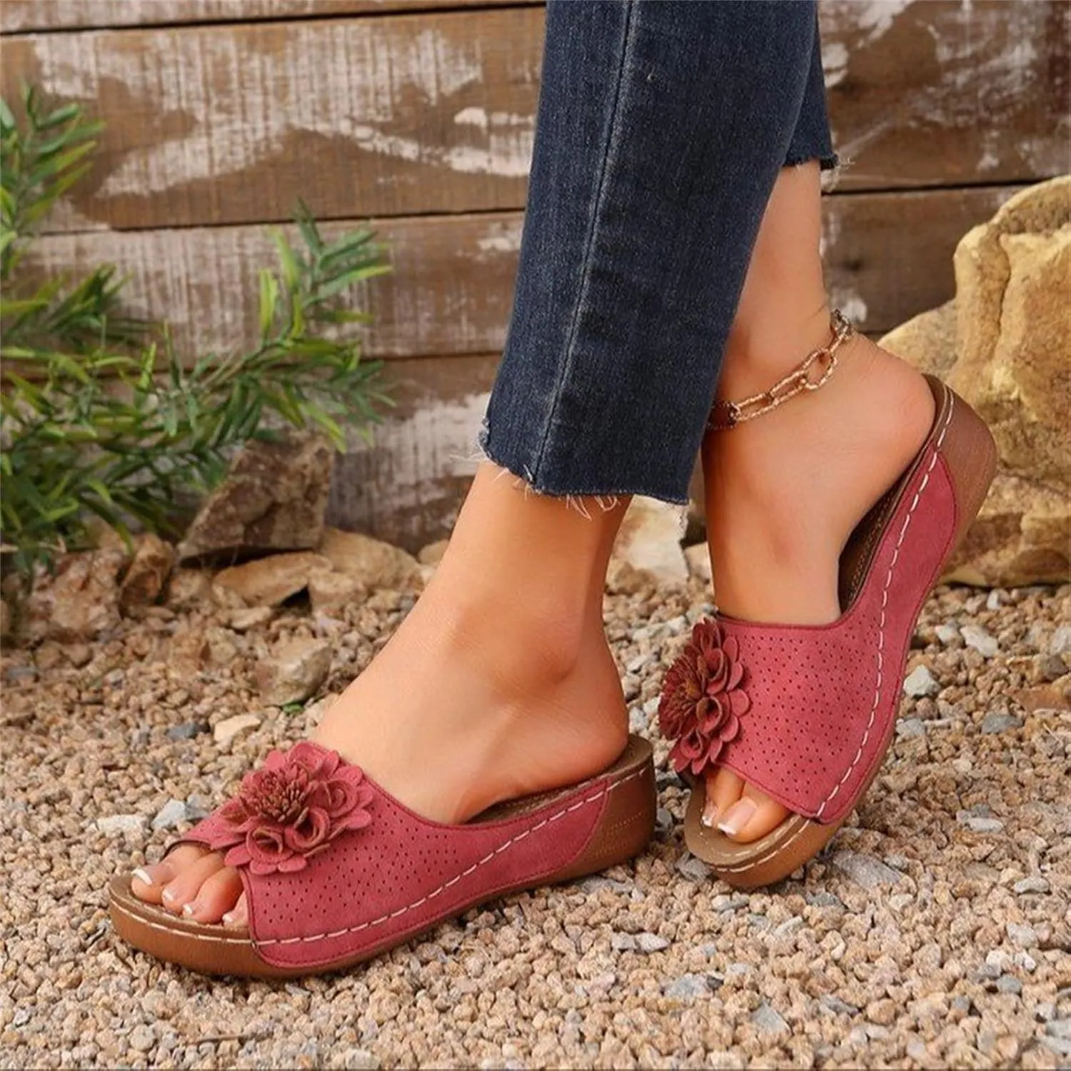 Chic Flowers Orthopedic Sandals for Women Arch Support Fish Mouth Open Toe Leather Slippers Wedge Platform Sandal