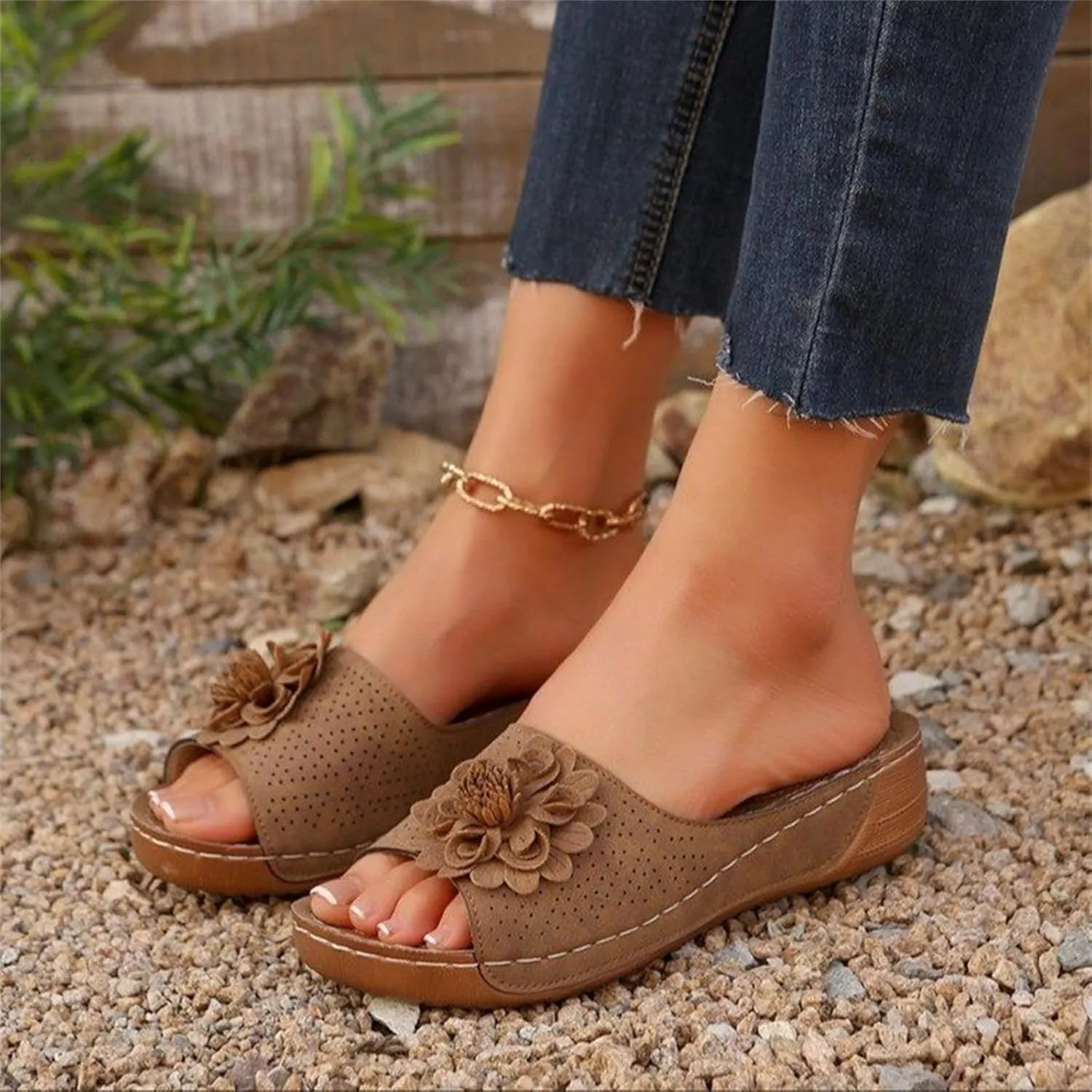 Chic Flowers Orthopedic Sandals for Women Arch Support Fish Mouth Open Toe Leather Slippers Wedge Platform Sandal