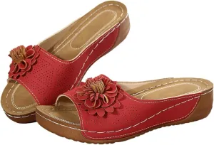Chic Flowers Orthopedic Sandals for Women Arch Support Fish Mouth Open Toe Leather Slippers Wedge Platform Sandal