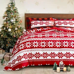 Christmas Bed in a Bag 7 Pieces Red Snowflake Queen Size Comforter Set Holiday Style - Soft Microfiber Reversible Bed Duvet Set (1 Comforter 2 Pillow Shams 1 Flat Sheet 1 Fitted Sheet 2 Pillowcases)