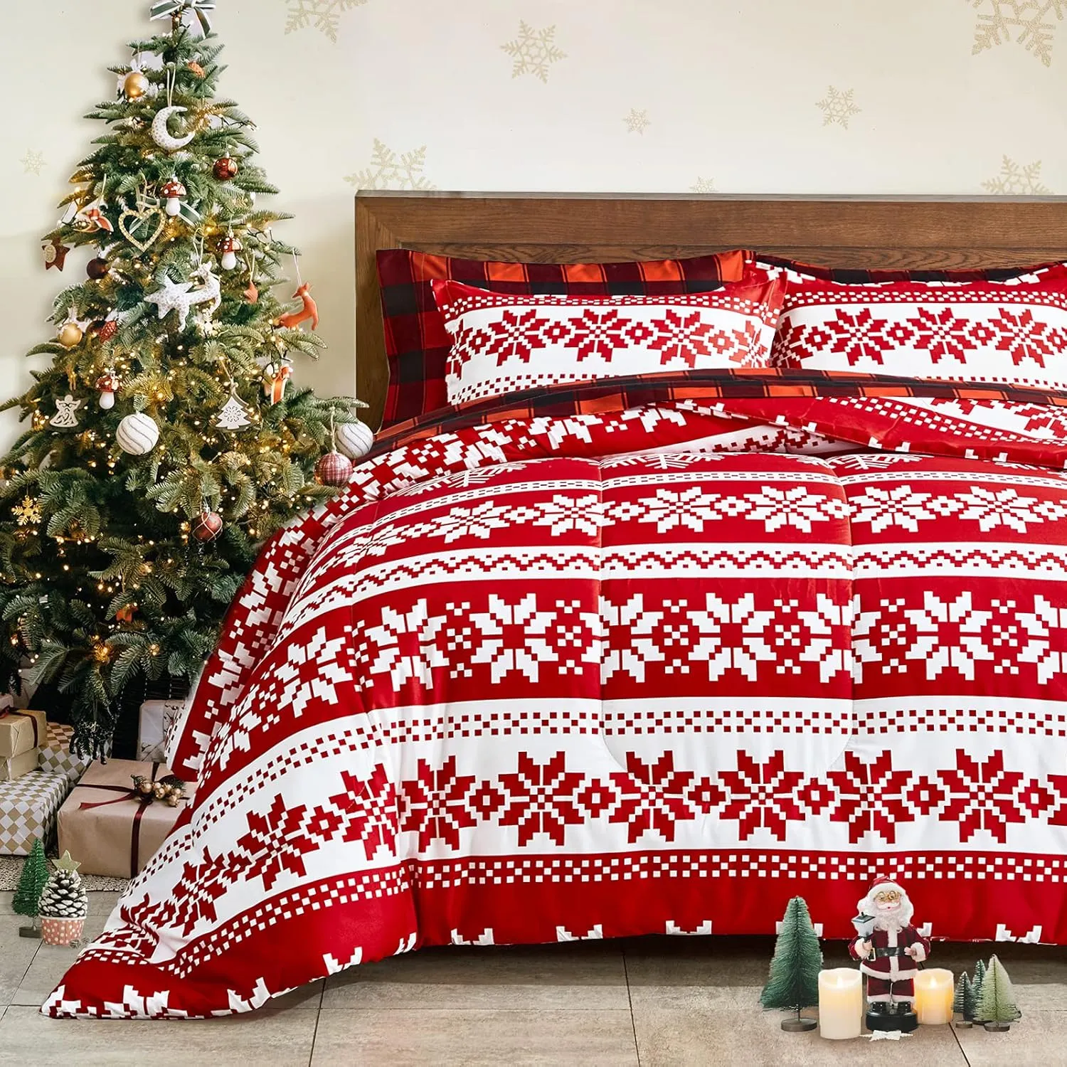 Christmas Bed in a Bag 7 Pieces Red Snowflake Queen Size Comforter Set Holiday Style - Soft Microfiber Reversible Bed Duvet Set (1 Comforter 2 Pillow Shams 1 Flat Sheet 1 Fitted Sheet 2 Pillowcases)