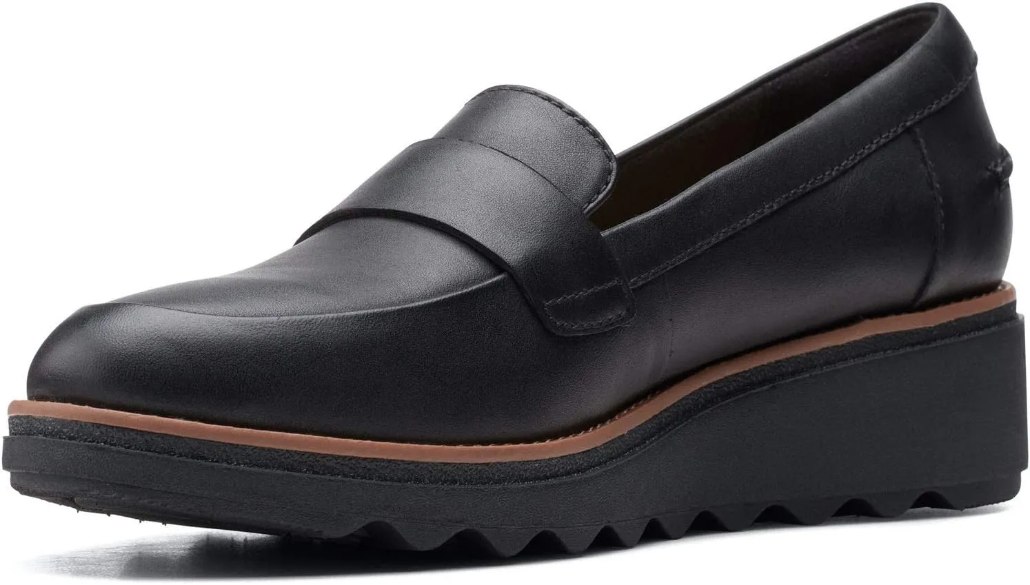 Clarks womens Sharon Gracie Penny Loafer, Black Leather With Dark Tan Welt, 5 US