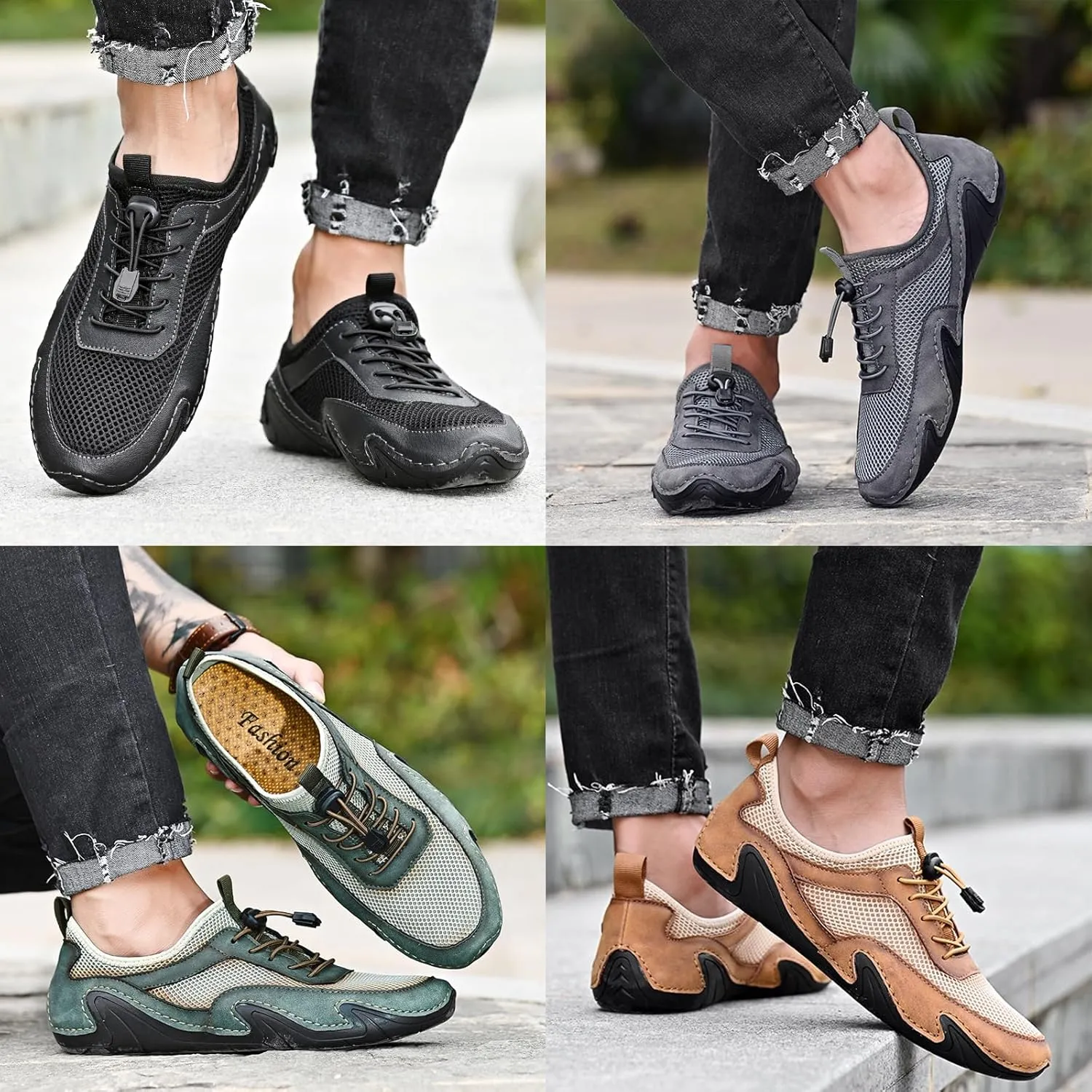 Classic Non Slip Drawstring Men's Suede Mesh Casual Shoes Comfort Slip On Loafers Fashion Outdoor Flat Moccasin Sneakers Breathable Chukka Boots