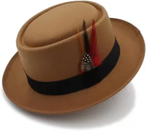 Classic Pork Pie Hat with Feathers Flat Top Fedora, Vintage Panama Hat, Warm Comfortable Hat Jazz Hat