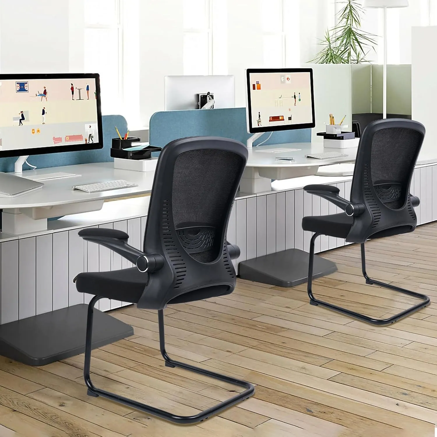 CLATINA Waiting Room Chairs with Flip Up Arms and Adjustable Lumbar Support, Office Guest Chairs & Reception Chair for Conference Room, Breathable Mesh Black Desk Chair No Wheels for Elderly