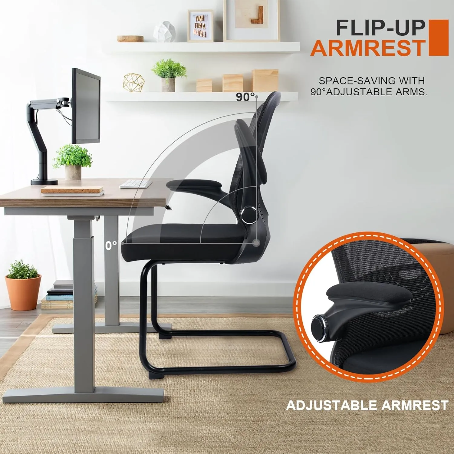 CLATINA Waiting Room Chairs with Flip Up Arms and Adjustable Lumbar Support, Office Guest Chairs & Reception Chair for Conference Room, Breathable Mesh Black Desk Chair No Wheels for Elderly