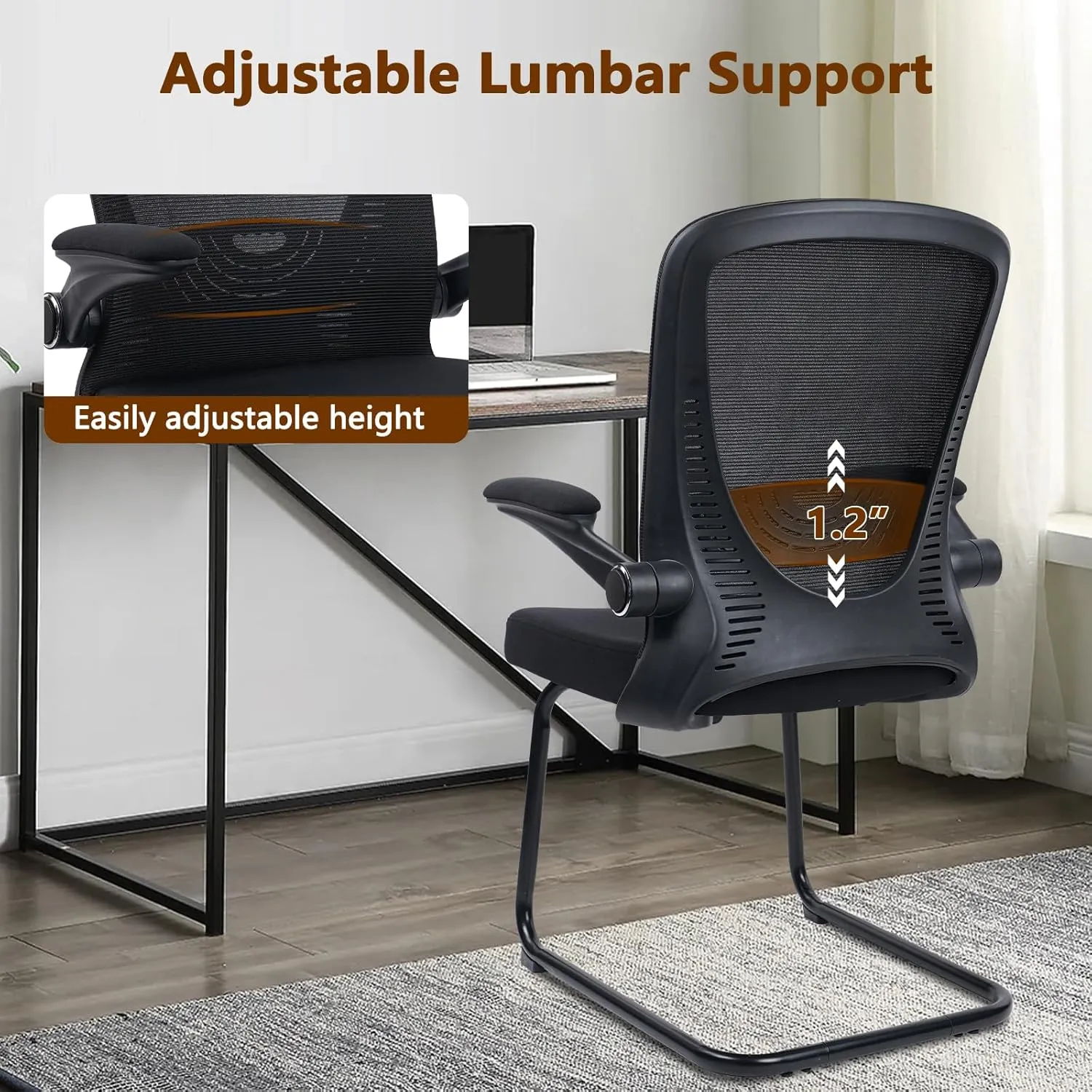 CLATINA Waiting Room Chairs with Flip Up Arms and Adjustable Lumbar Support, Office Guest Chairs & Reception Chair for Conference Room, Breathable Mesh Black Desk Chair No Wheels for Elderly