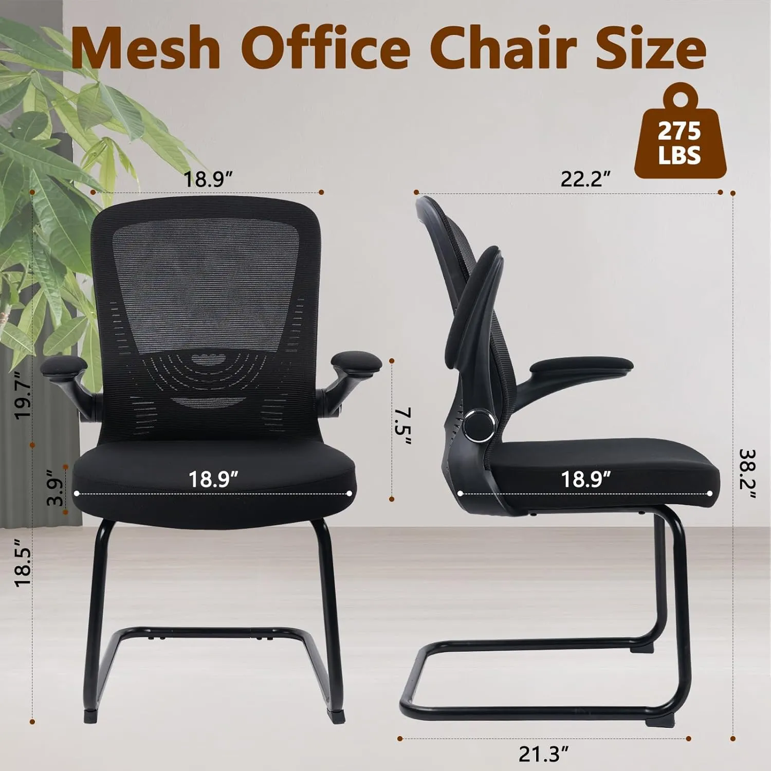 CLATINA Waiting Room Chairs with Flip Up Arms and Adjustable Lumbar Support, Office Guest Chairs & Reception Chair for Conference Room, Breathable Mesh Black Desk Chair No Wheels for Elderly