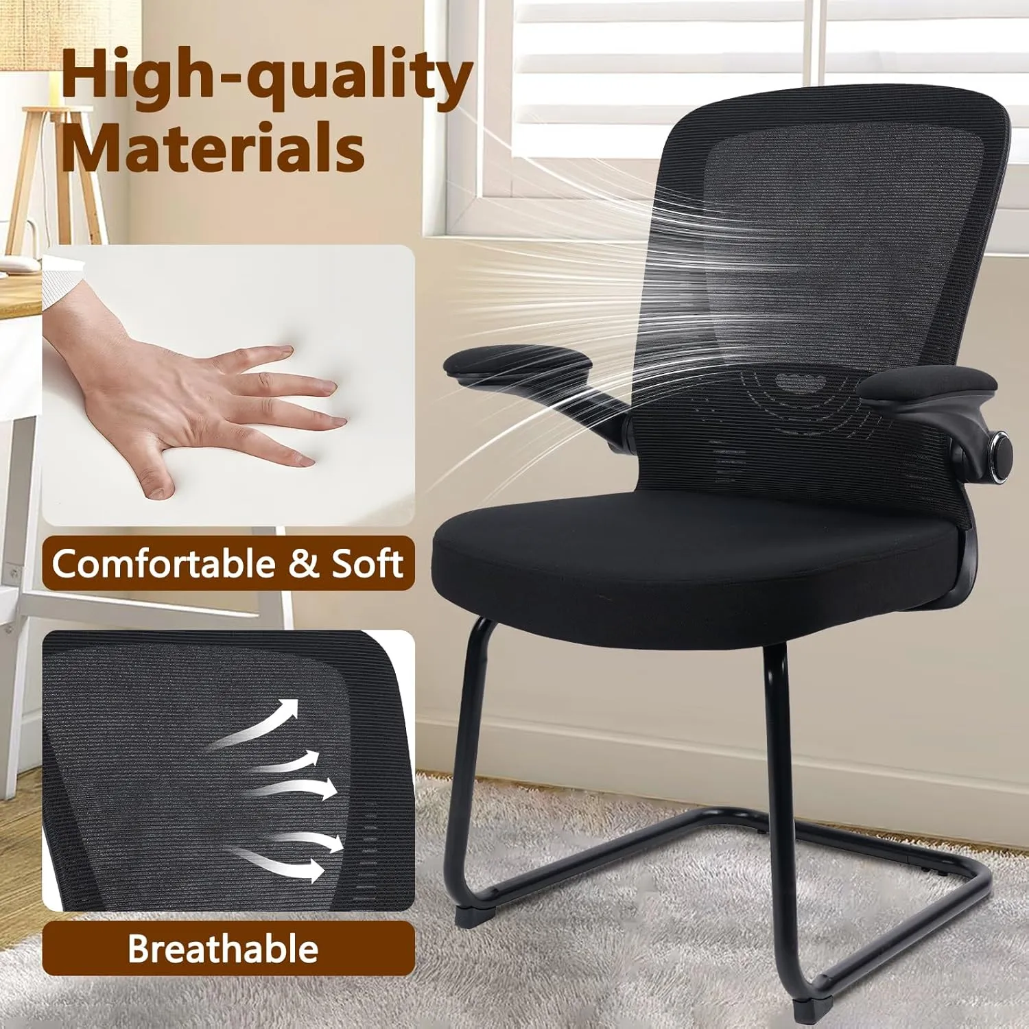 CLATINA Waiting Room Chairs with Flip Up Arms and Adjustable Lumbar Support, Office Guest Chairs & Reception Chair for Conference Room, Breathable Mesh Black Desk Chair No Wheels for Elderly