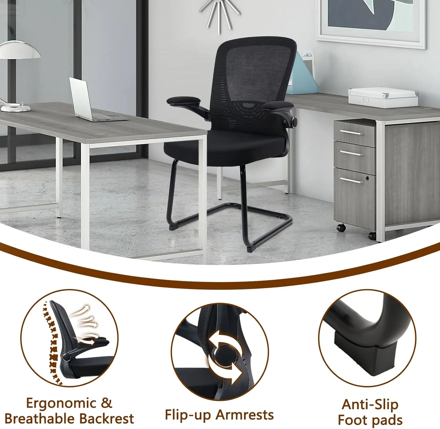 CLATINA Waiting Room Chairs with Flip Up Arms and Adjustable Lumbar Support, Office Guest Chairs & Reception Chair for Conference Room, Breathable Mesh Black Desk Chair No Wheels for Elderly