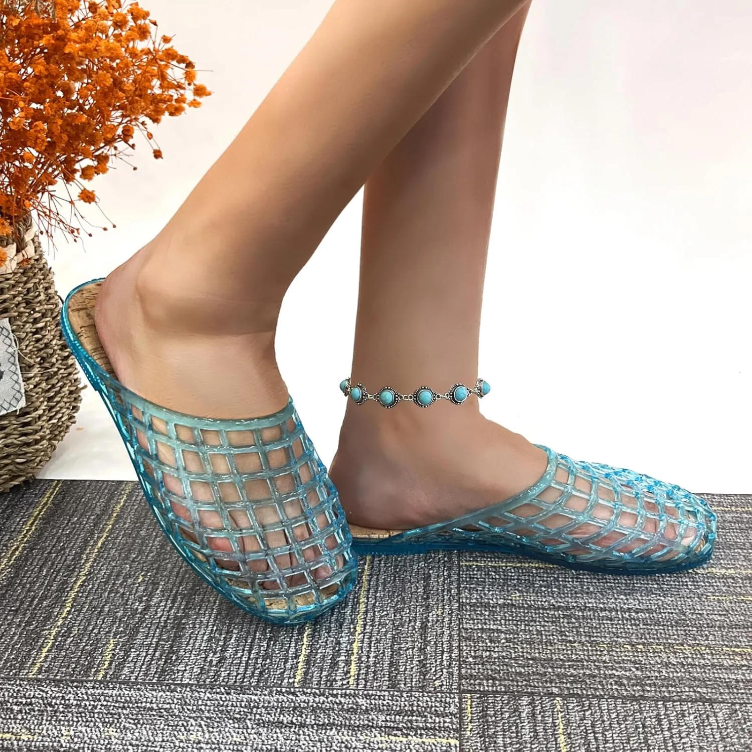 Clear Jelly Mesh Slides for Women Jelly Flats Sandals Summer Slippers
