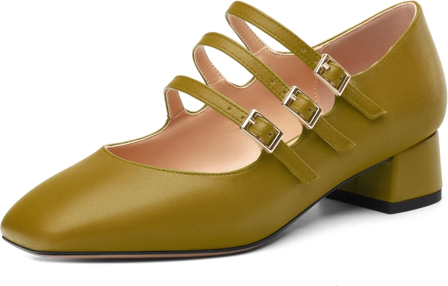 Closed Square Toe Low Chunky Heels for Women，Ladies Three Strap Mary Jane Pumps，Wedding Party Office Dress Shoes