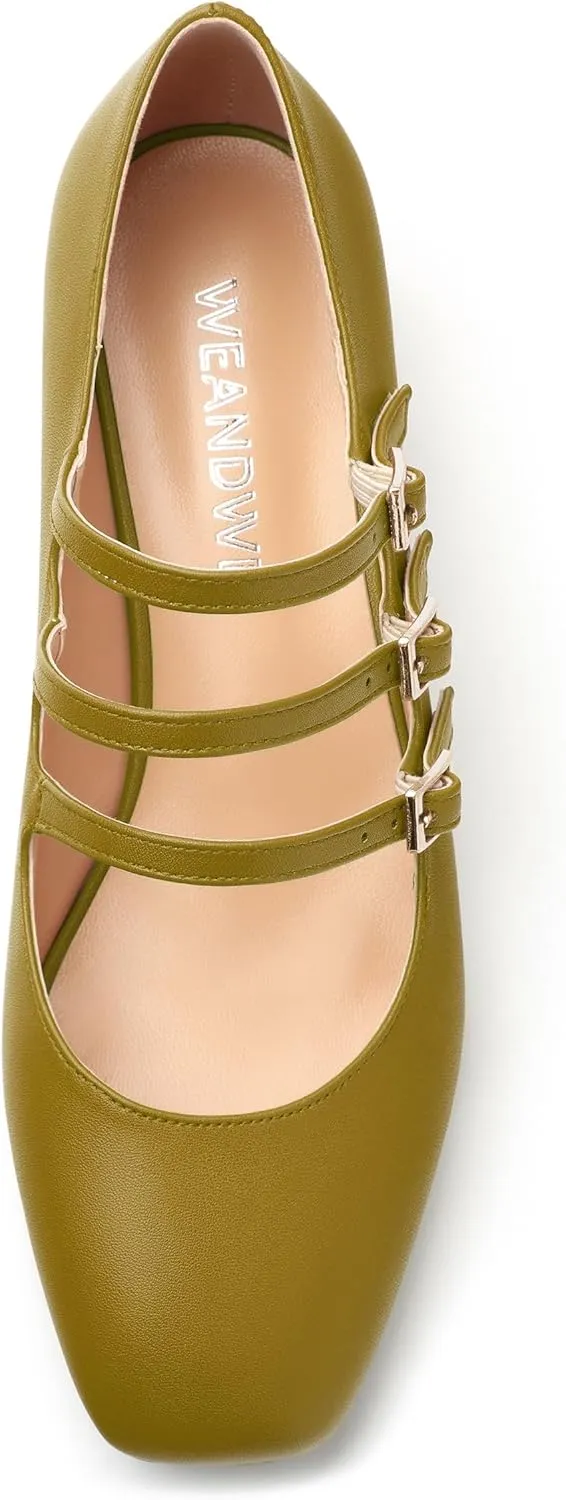 Closed Square Toe Low Chunky Heels for Women，Ladies Three Strap Mary Jane Pumps，Wedding Party Office Dress Shoes