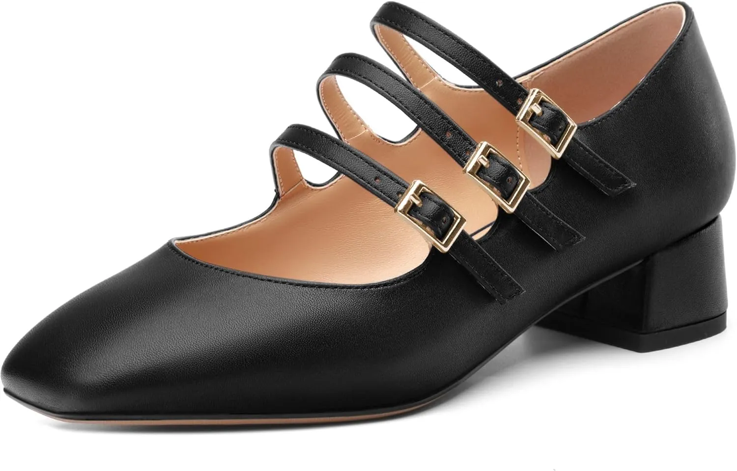 Closed Square Toe Low Chunky Heels for Women，Ladies Three Strap Mary Jane Pumps，Wedding Party Office Dress Shoes