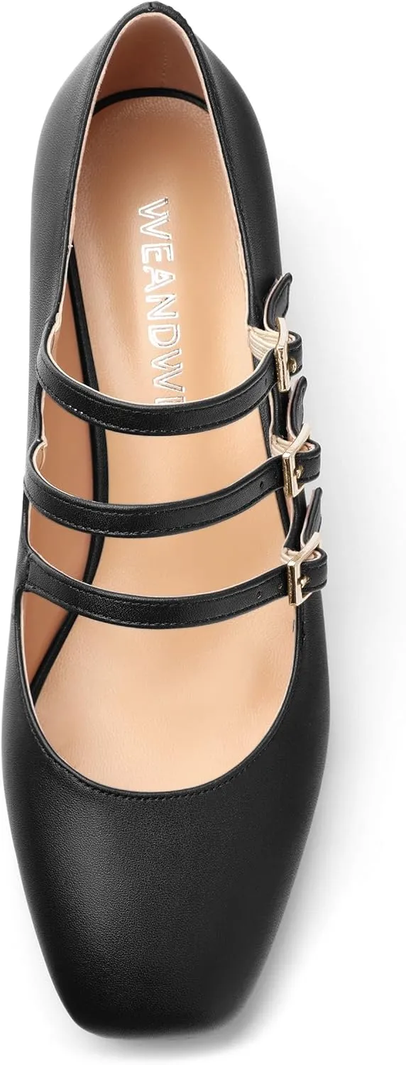 Closed Square Toe Low Chunky Heels for Women，Ladies Three Strap Mary Jane Pumps，Wedding Party Office Dress Shoes