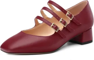 Closed Square Toe Low Chunky Heels for Women，Ladies Three Strap Mary Jane Pumps，Wedding Party Office Dress Shoes