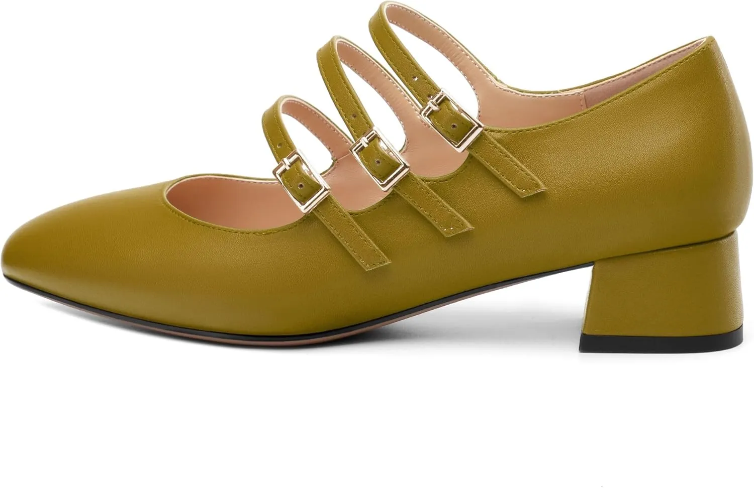 Closed Square Toe Low Chunky Heels for Women，Ladies Three Strap Mary Jane Pumps，Wedding Party Office Dress Shoes