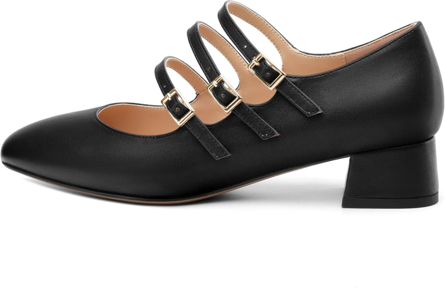 Closed Square Toe Low Chunky Heels for Women，Ladies Three Strap Mary Jane Pumps，Wedding Party Office Dress Shoes