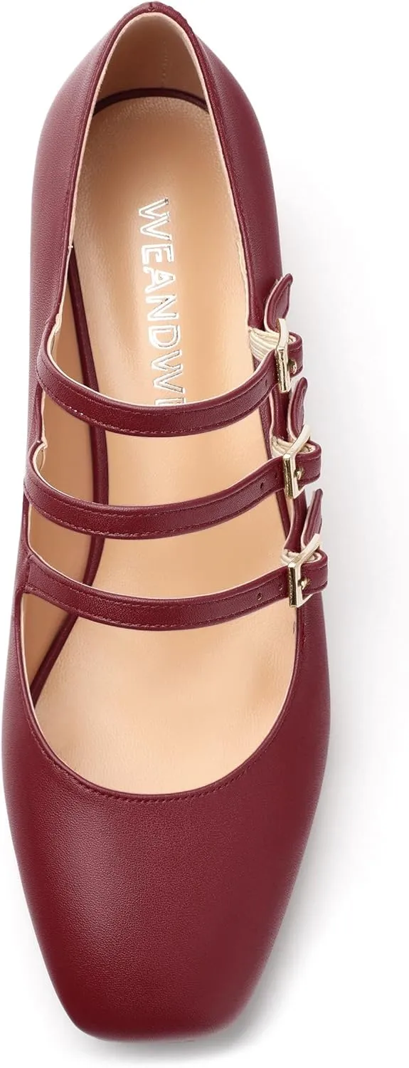 Closed Square Toe Low Chunky Heels for Women，Ladies Three Strap Mary Jane Pumps，Wedding Party Office Dress Shoes