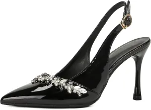 Closed Toe Slingback Heels Women Pumps Wide Fit Pointed Toe Heeled Sandals Sparkly Rhinestones Stiletto Formal Office Wedding Party Dress Shoes