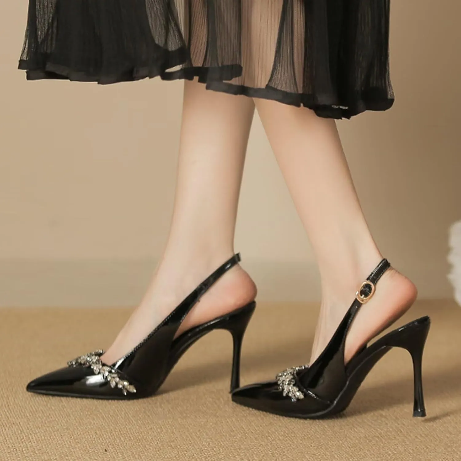 Closed Toe Slingback Heels Women Pumps Wide Fit Pointed Toe Heeled Sandals Sparkly Rhinestones Stiletto Formal Office Wedding Party Dress Shoes