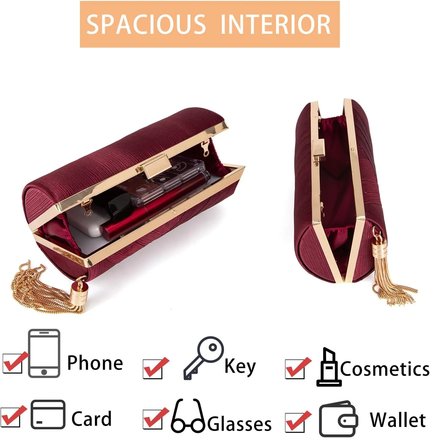 Clutch Purses for Women Formal Evening Clutch Purse Shoulder Cross Body Bags for Wedding Party Handbag with Tassel