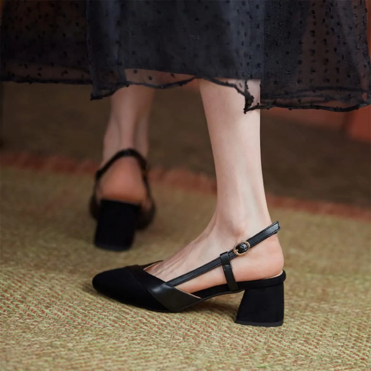 CoceMoce Classic Chunky Block Heel Pumps for Women 2 Inch Pointed Closed Toe Slingback Ankle Strap Dress Shoes with Buckle Prom Work Office Dating Church
