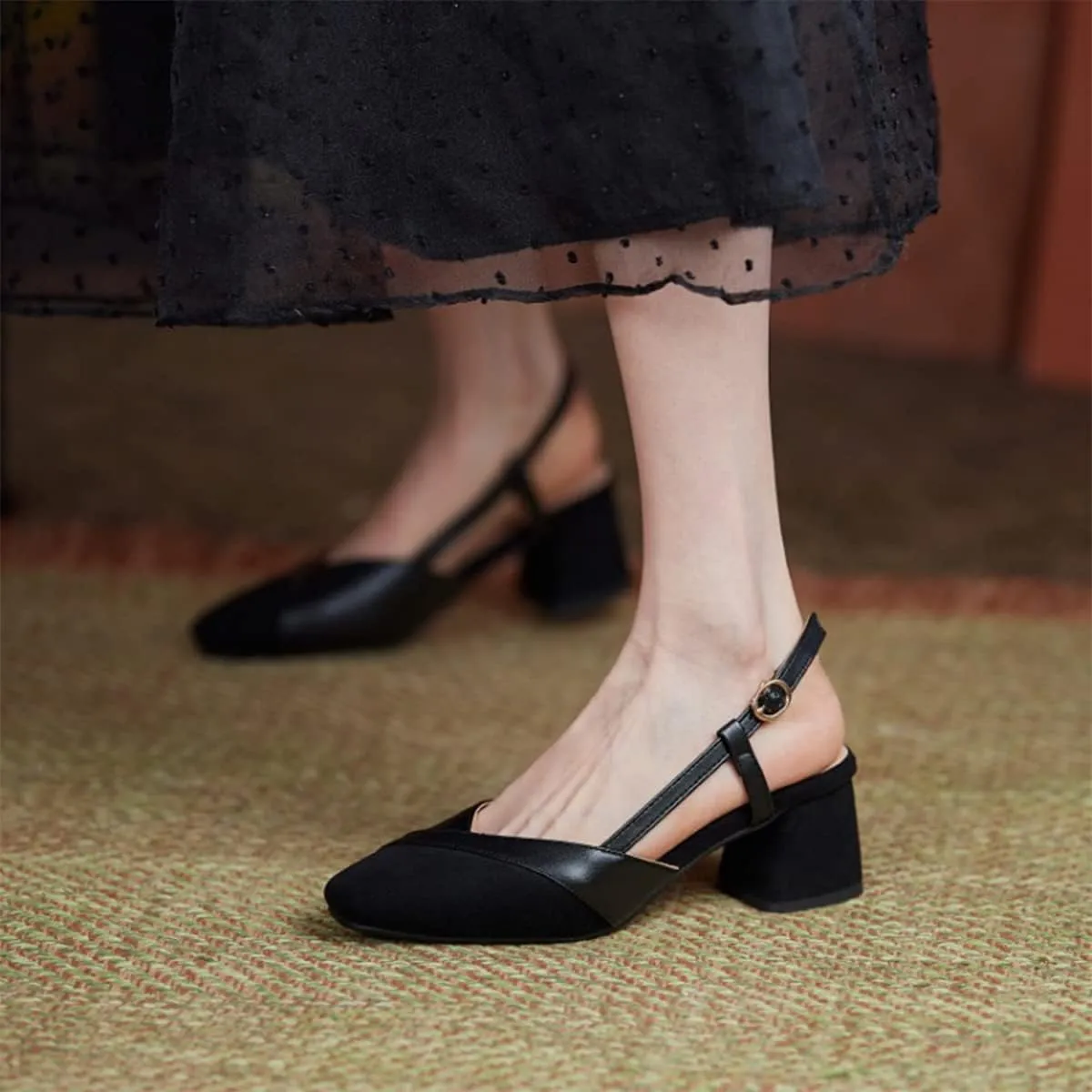 CoceMoce Classic Chunky Block Heel Pumps for Women 2 Inch Pointed Closed Toe Slingback Ankle Strap Dress Shoes with Buckle Prom Work Office Dating Church