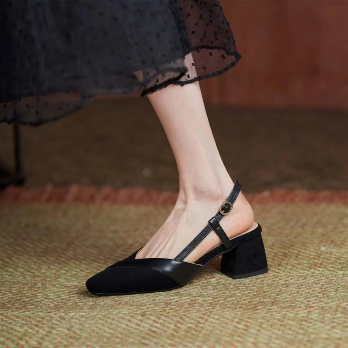 CoceMoce Classic Chunky Block Heel Pumps for Women 2 Inch Pointed Closed Toe Slingback Ankle Strap Dress Shoes with Buckle Prom Work Office Dating Church