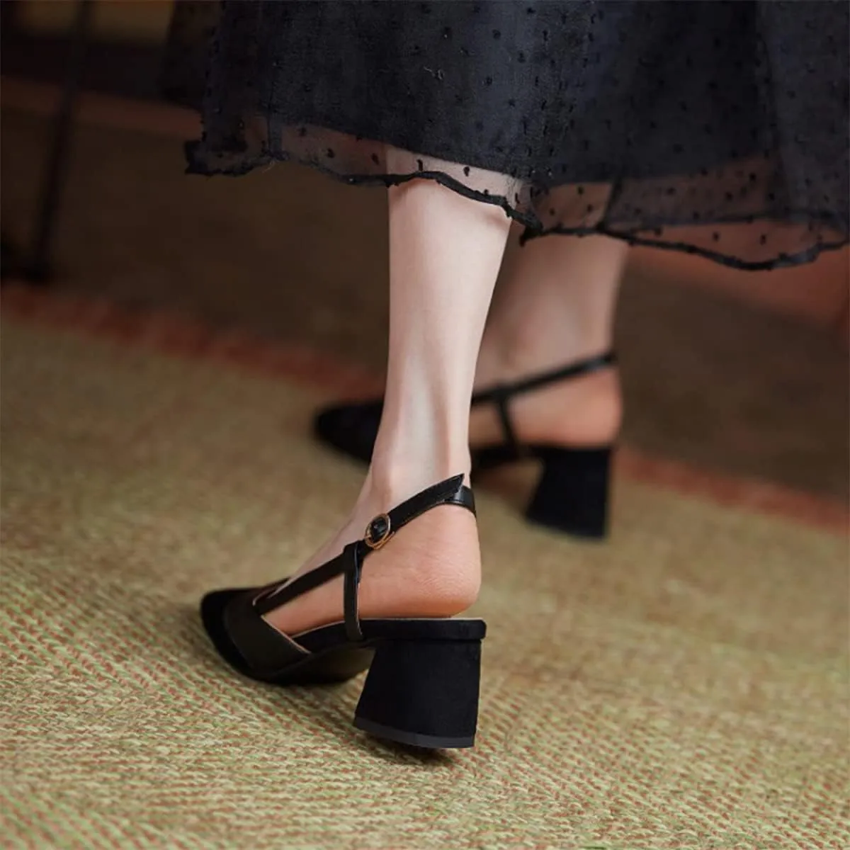 CoceMoce Classic Chunky Block Heel Pumps for Women 2 Inch Pointed Closed Toe Slingback Ankle Strap Dress Shoes with Buckle Prom Work Office Dating Church