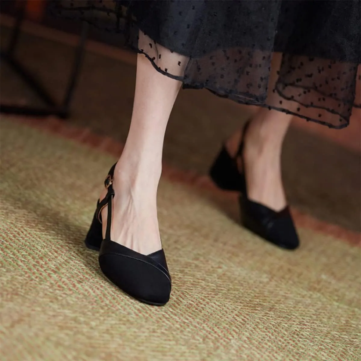CoceMoce Classic Chunky Block Heel Pumps for Women 2 Inch Pointed Closed Toe Slingback Ankle Strap Dress Shoes with Buckle Prom Work Office Dating Church