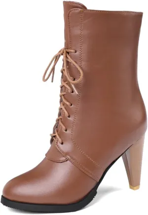 CoceMoce Classic Stacked Cone High Heel Boots for Women Closed Round Toe Lace Up Booties Autumn Winter Fur Lining Dress Shoes Party Working Office Dating Prom